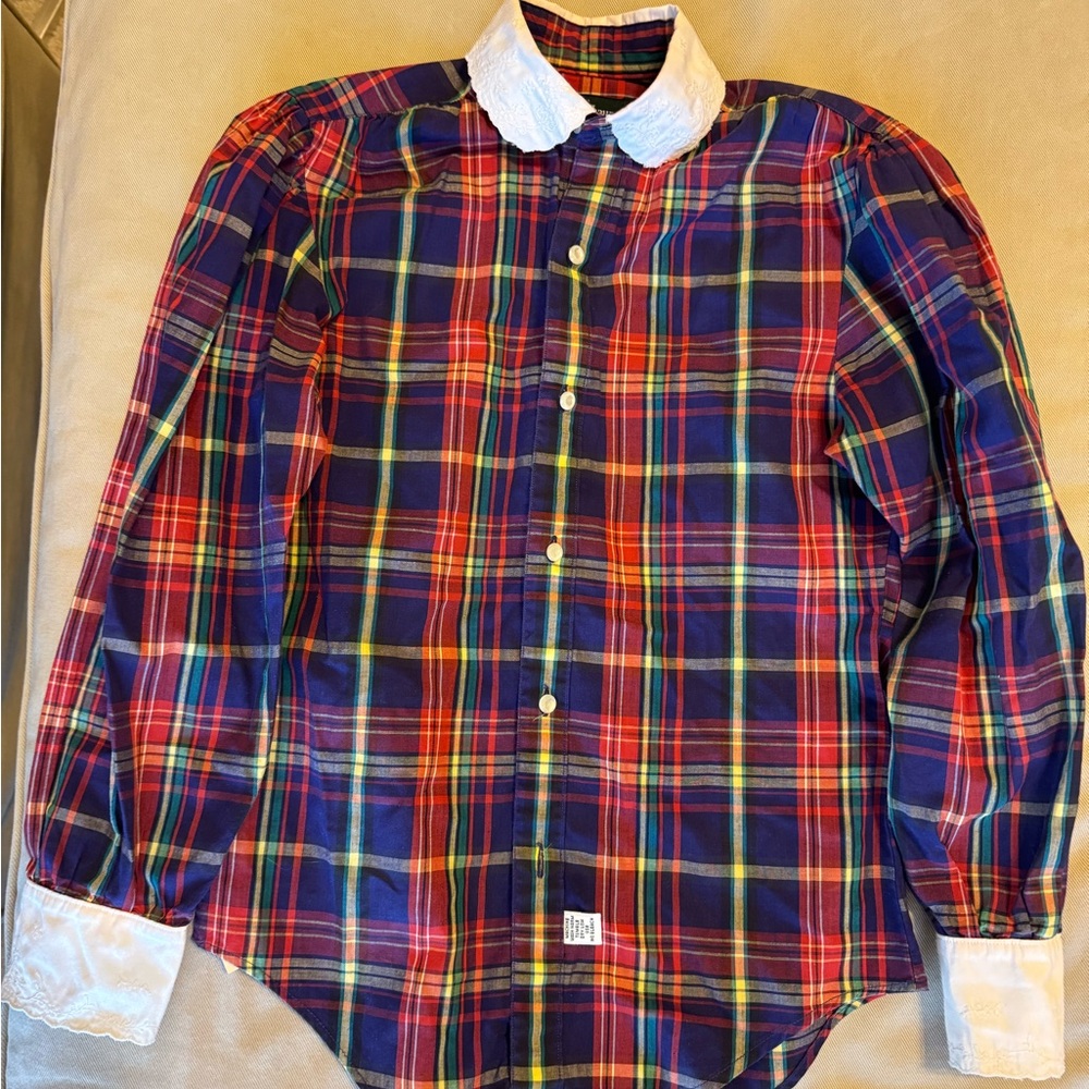 Ralph Lauren Red & Blue Plaid Button-Down with White Lacey Collar and Cuffs